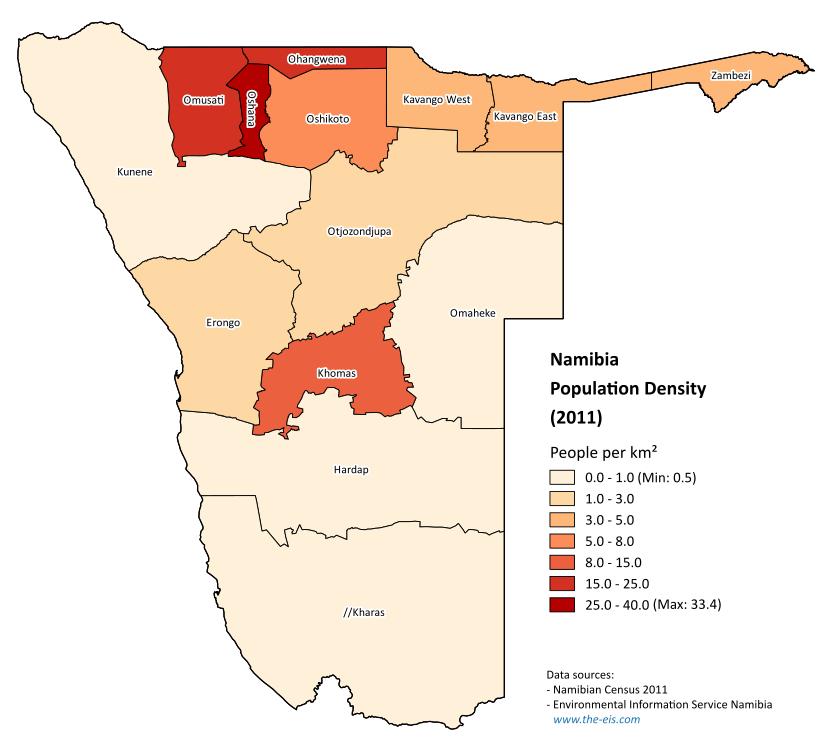 Namibia population density map - Map of Namibia population density