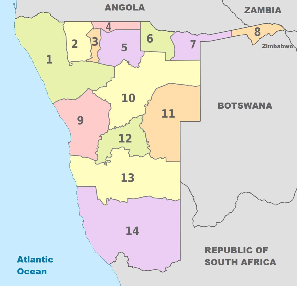 Namibia map with the 13 regions and districts