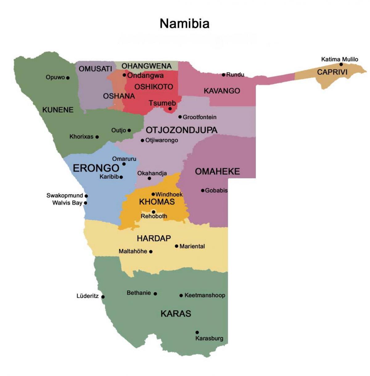 map of Namibia with regions and towns